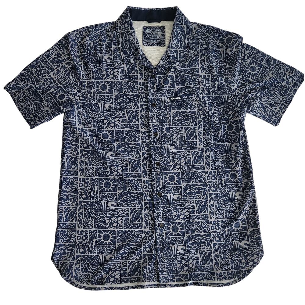 Costa Camp Tech Button Shirt XXL Tiki Print Navy Performance Moisture Wicking